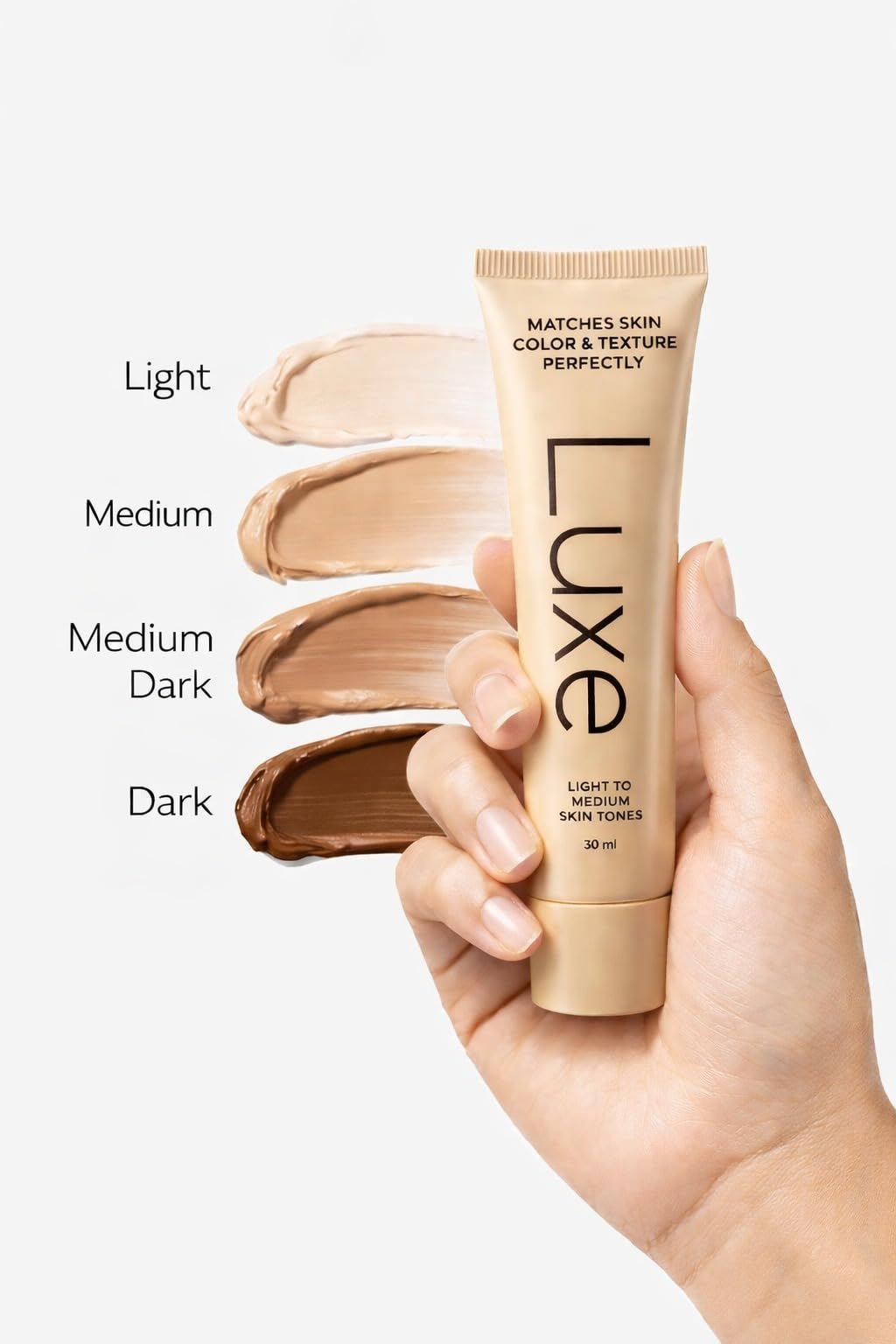 LUXE foundation open nozzle with white fluid visible showing clean dispense benefit