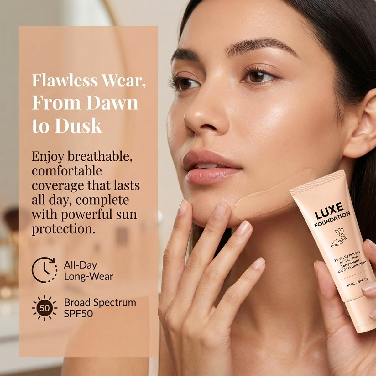 LUXE FOUNDATION label showing SPF50 and key ingredients on 30 ML tube