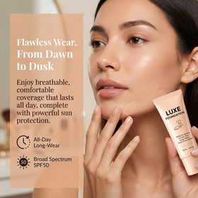 LUXE FOUNDATION label showing SPF50 and key ingredients on 30 ML tube