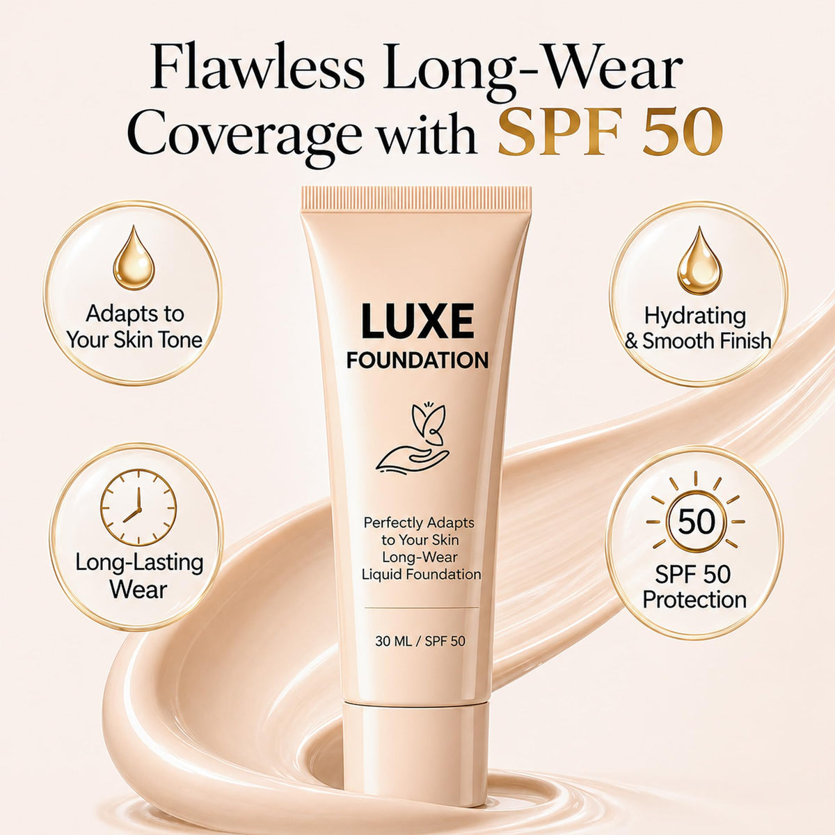 LUXE FOUNDATION creamy texture closeup demonstrating smooth blendability