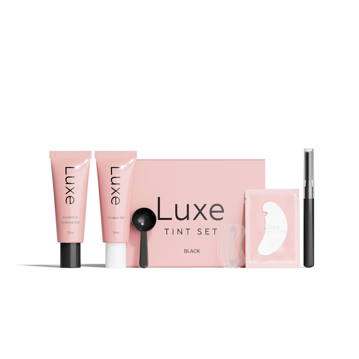 LUXE front packaging of black color set showing kit components and benefit of salon-quality color