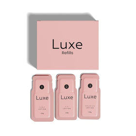 LUXE front packaging of sachets showing three-application refill and convenience