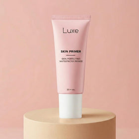Luxe primer inside a makeup bag showing on-the-go oil control