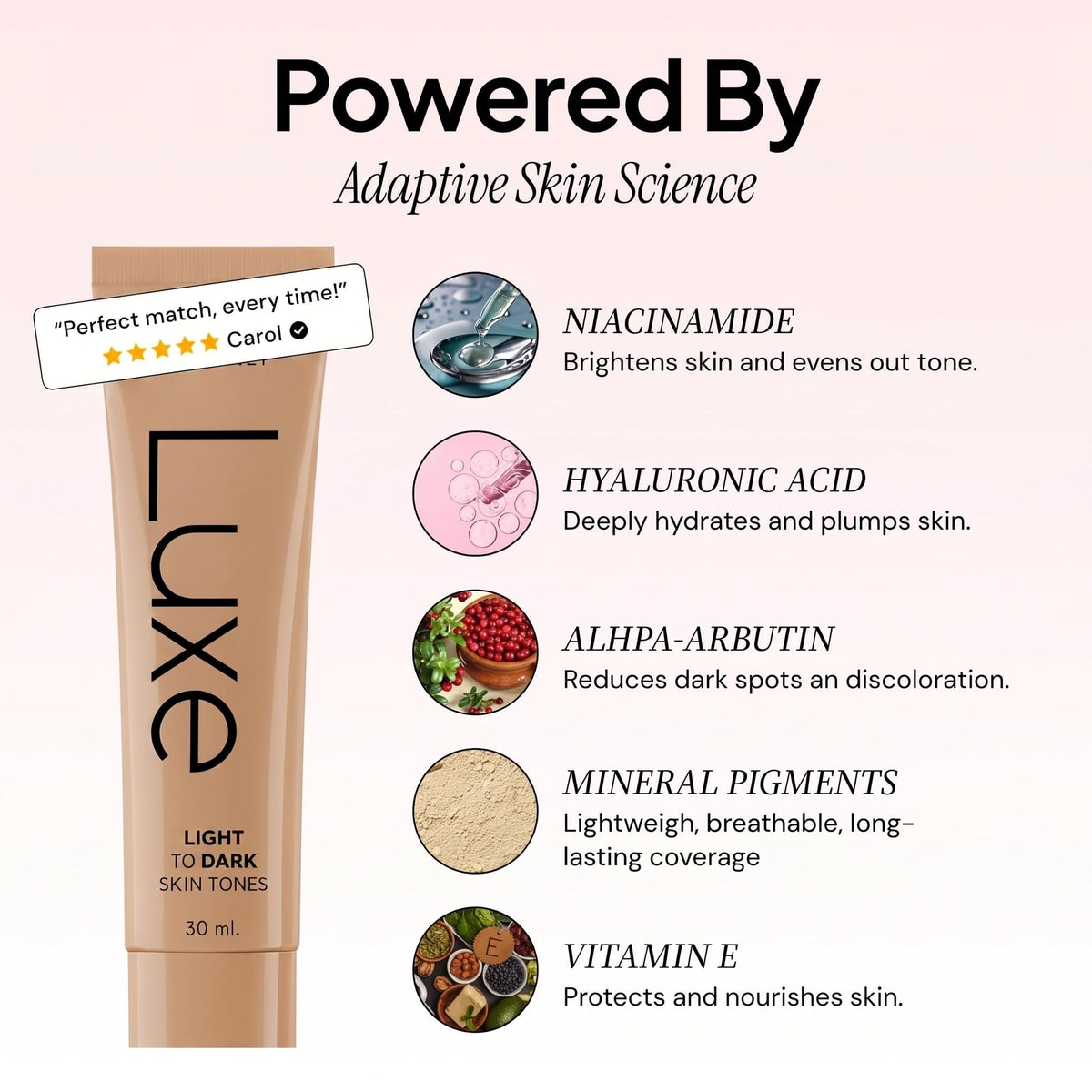 LUXE texture close-up drop of foundation showing smooth blendability benefit