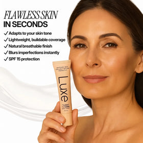 LUXE foundation next to skincare items showing dual coverage-and-care benefit