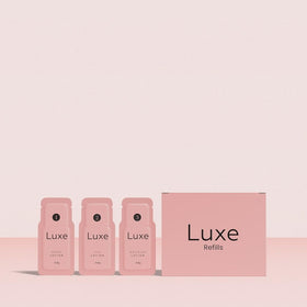 LUXE close-up of sachet texture and label emphasizing single-use precision