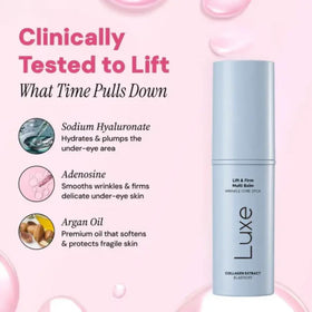 LUXE under eye balm before and after application showing smoother-looking under-eye area