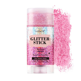 Luxfume front packaging glitter stick showing compact design and travel-ready benefit