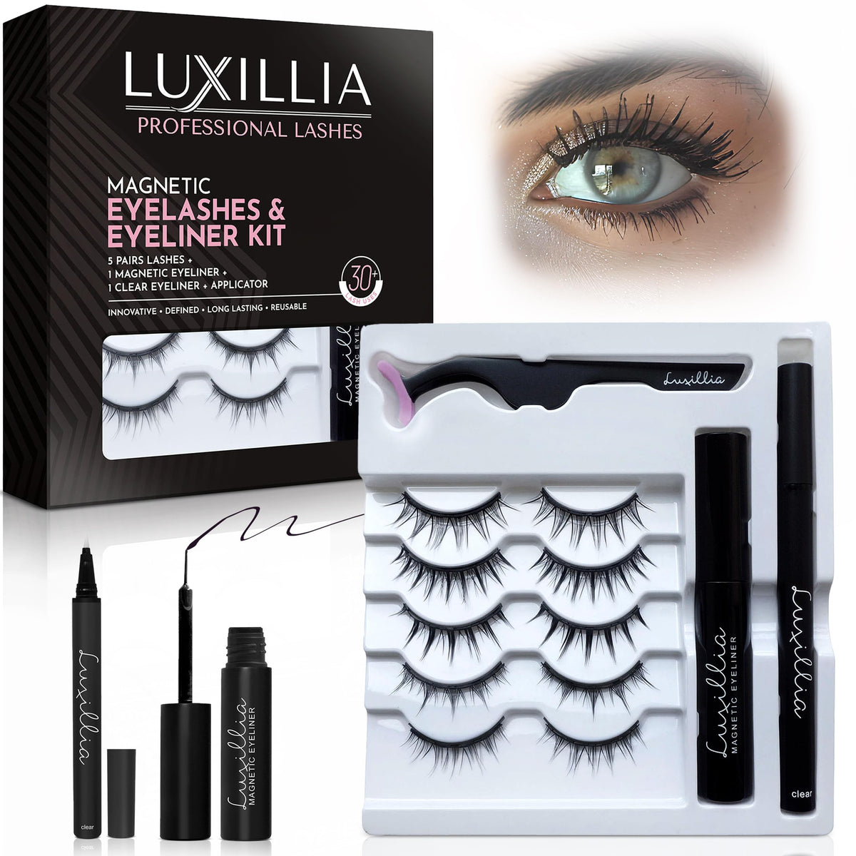 Luxillia front packaging showing full 8-piece kit and applicator benefit easy storage
