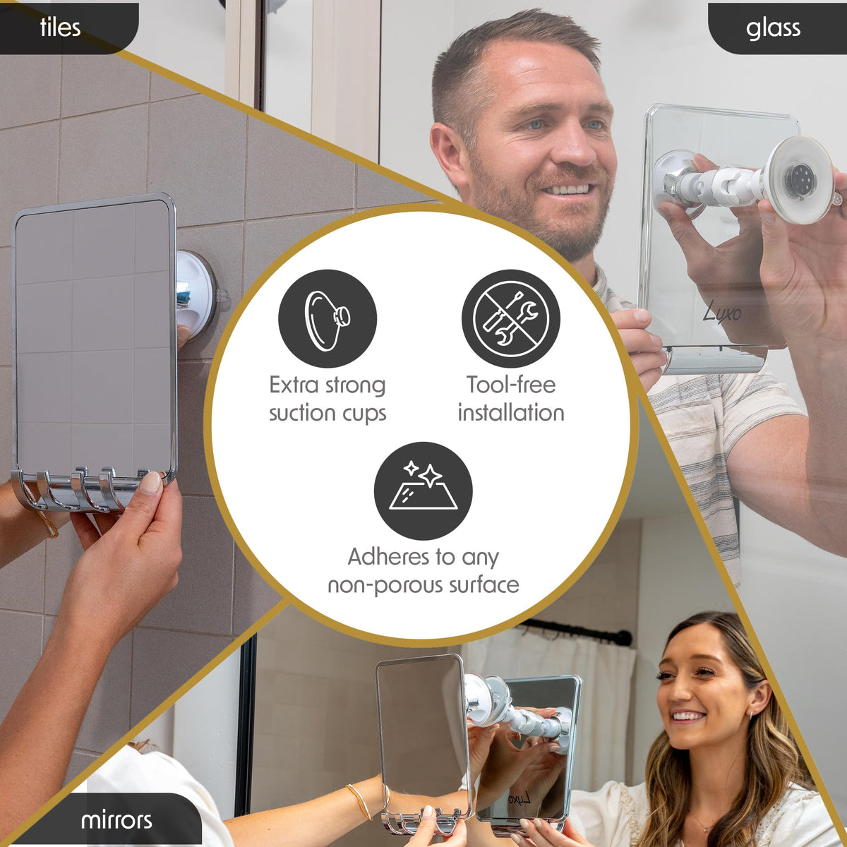 Luxo mirror tilted in shower showing adjustable angle for precise grooming benefit