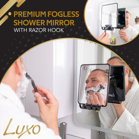 Luxo shower mirror close-up highlighting anti-fog coating for continuous clarity
