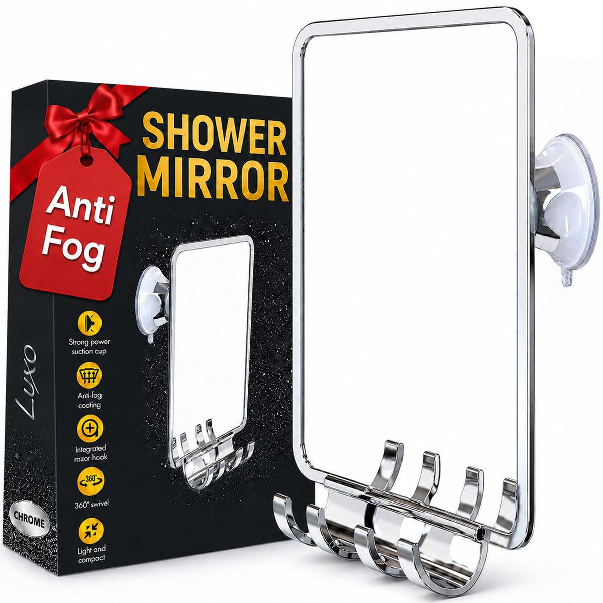 Luxo front view chrome shower mirror showing sleek design and clear reflection benefit