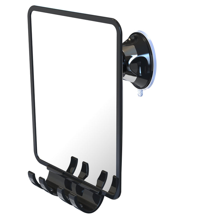 Luxo shower mirror front view showing clear reflection and sleek black frame