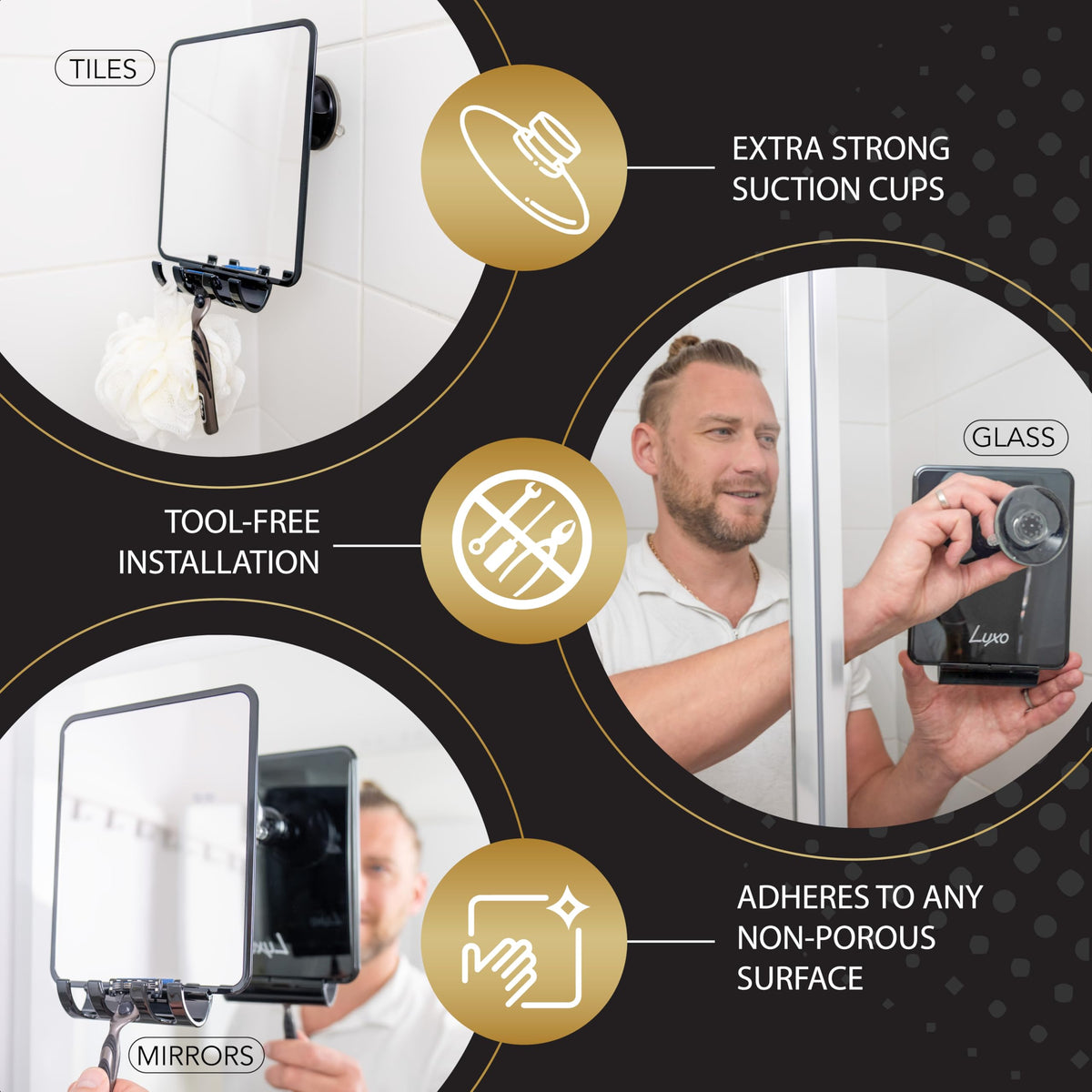 Luxo shower mirror installed in shower lifestyle scene for hands-free shaving