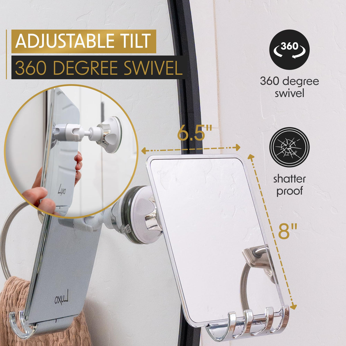 Luxo mirror with removable razor holder showing organized storage benefit