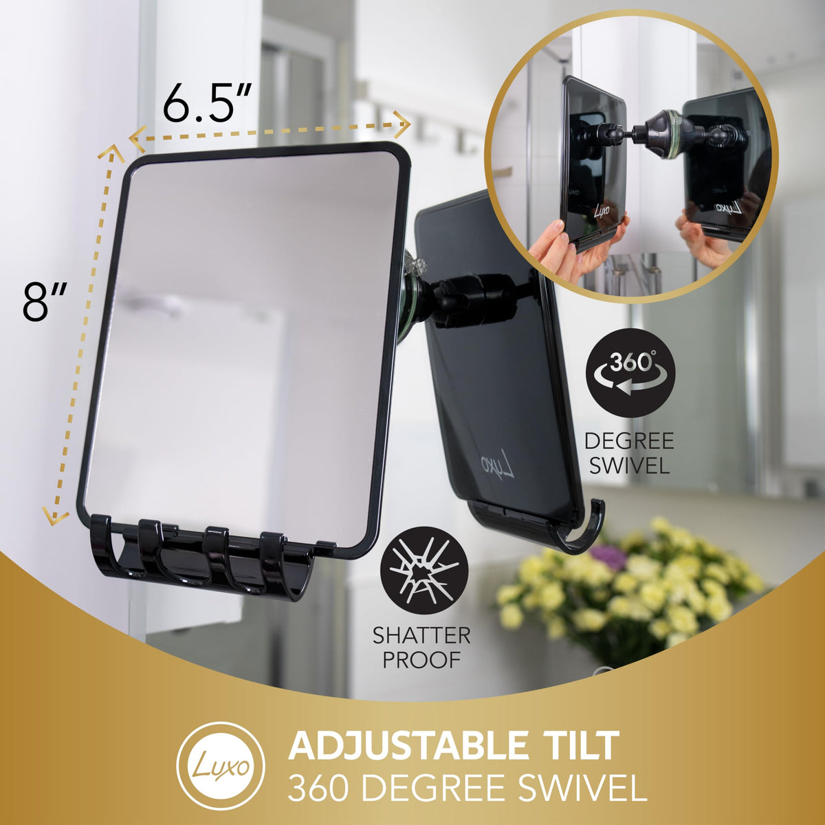 Luxo shower mirror strong suction cup back view for secure wall mounting