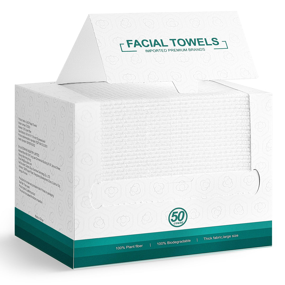 LUXU front packaging showing 50-count towels and key features