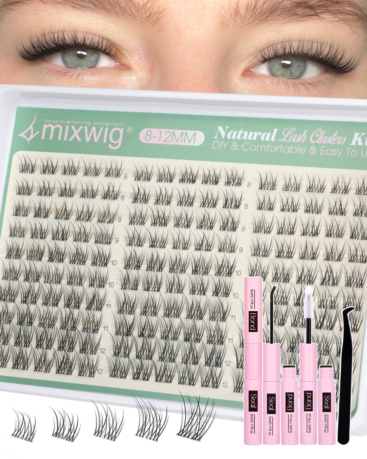 Lvmixwig front packaging showing short lash clusters kit and included tools benefit quick setup
