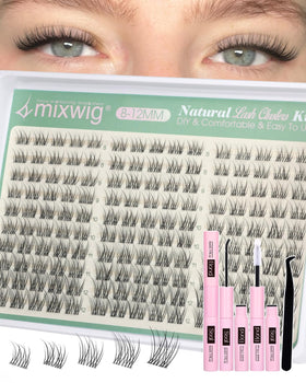 Lvmixwig front packaging showing short lash clusters kit and included tools benefit quick setup