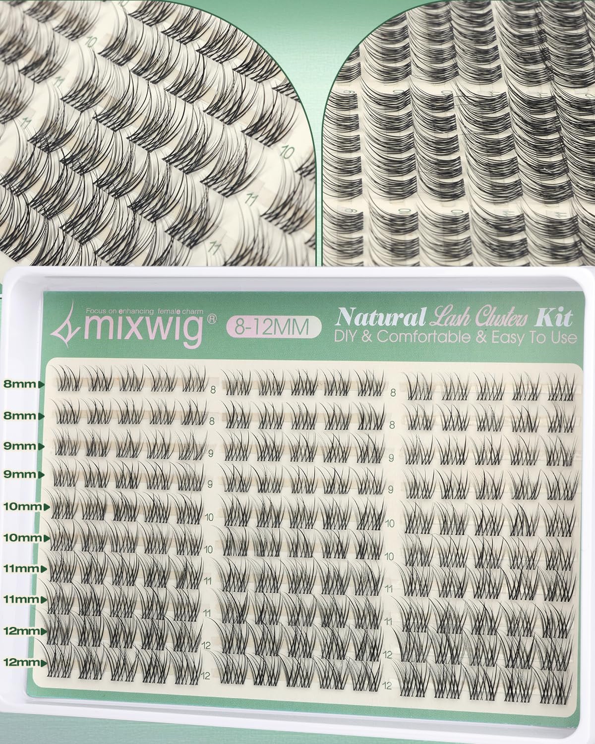 Lvmixwig cluster lashes beside a ruler showing 8–12mm scale for accurate length