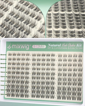Lvmixwig cluster lashes beside a ruler showing 8–12mm scale for accurate length