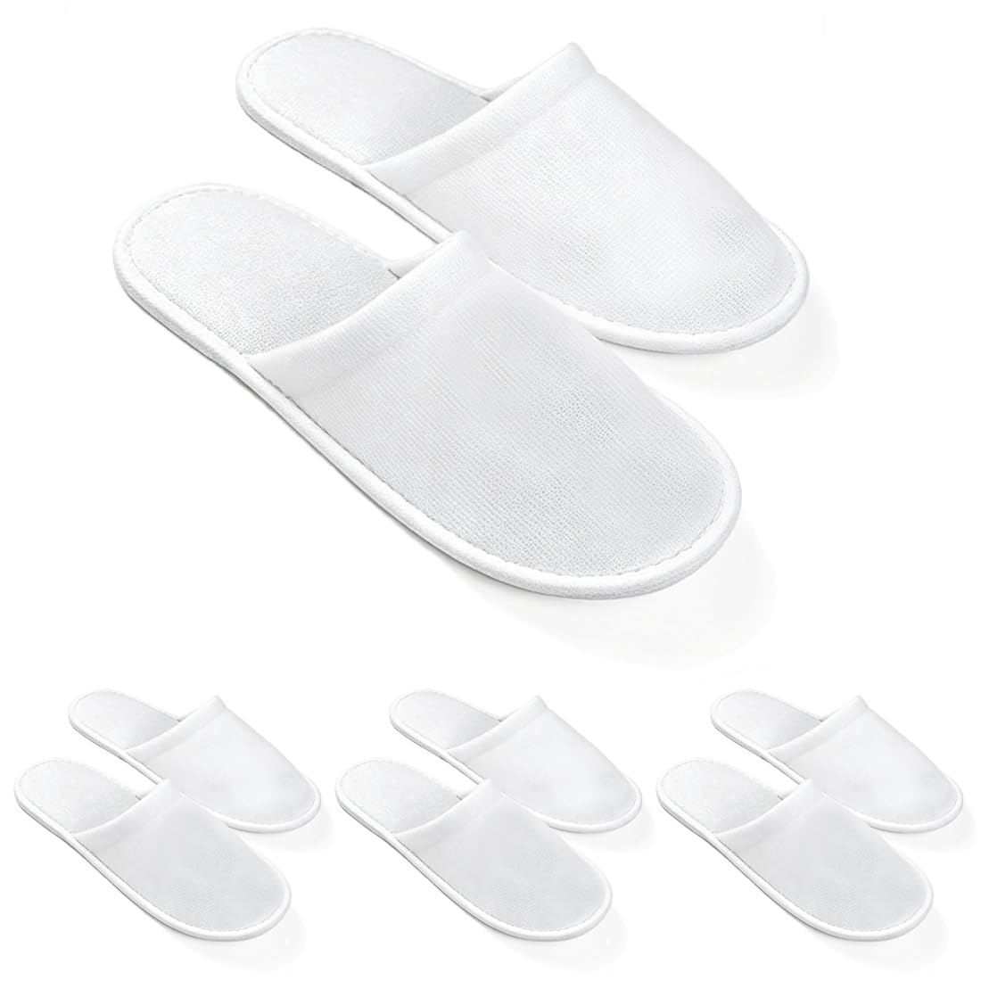 LYARCHTE front pack view showing four white guest slipper pairs and packaging benefit