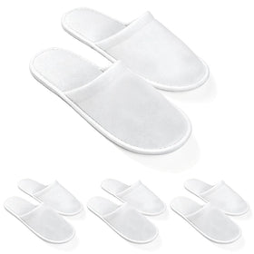 LYARCHTE front pack view showing four white guest slipper pairs and packaging benefit