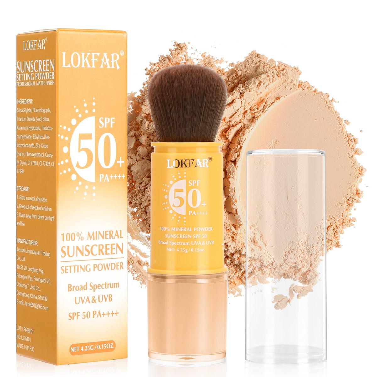 LYBHDAFA front packaging showing brush-on SPF 50 powder, convenient travel protection
