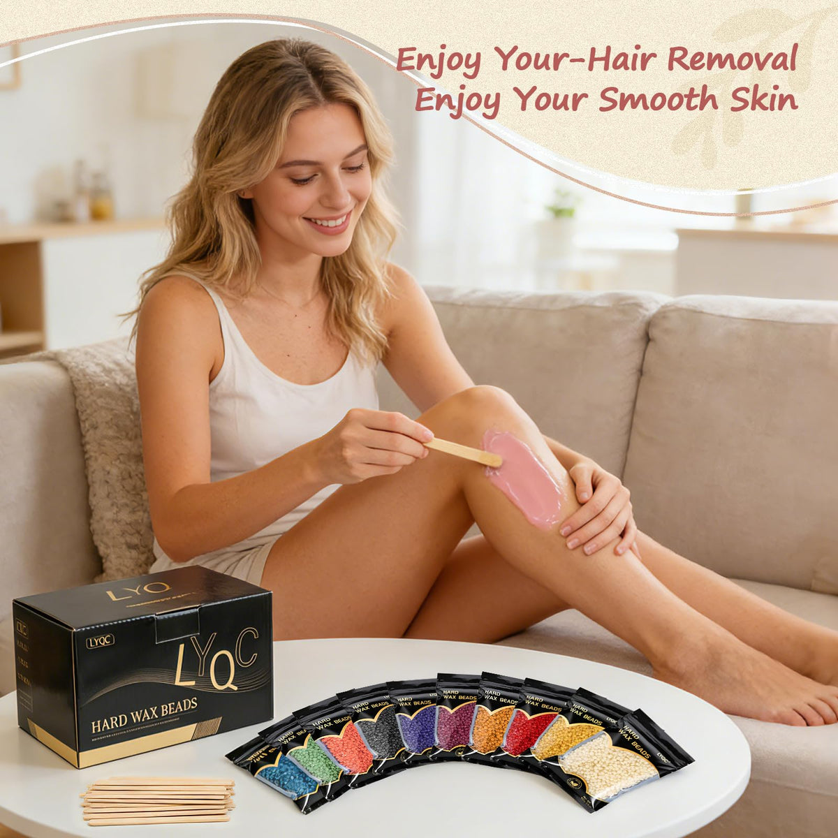 LYQC kit staged in a bathroom setting, at-home salon-style waxing convenience