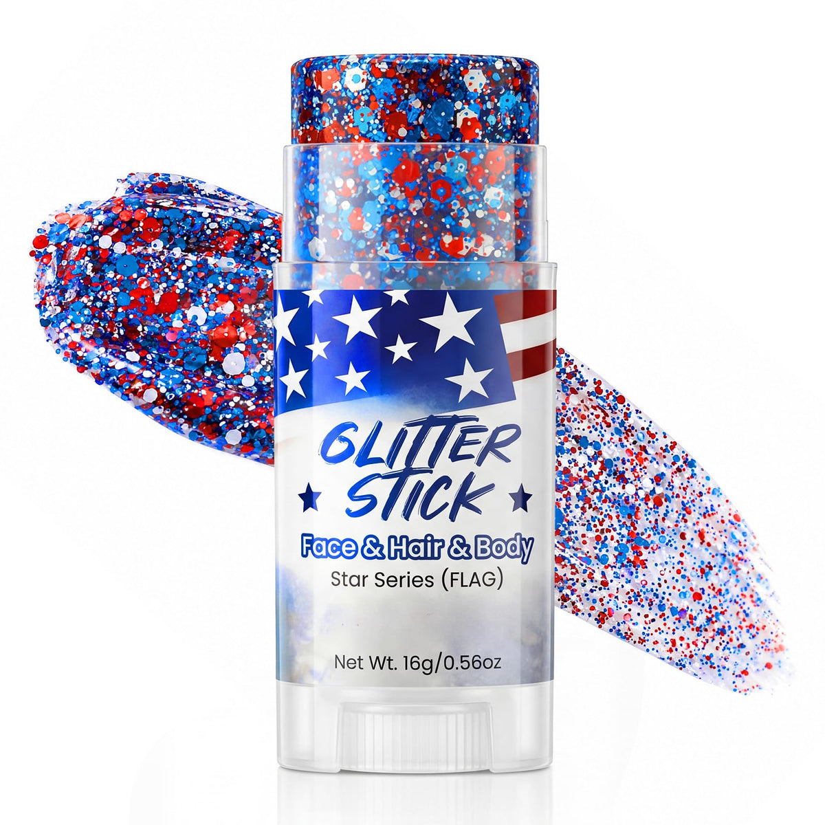LYRADEW glitter stick front packaging showing patriotic colors and portability benefit
