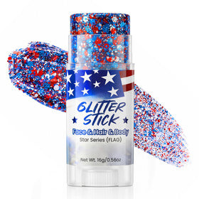 LYRADEW glitter stick front packaging showing patriotic colors and portability benefit