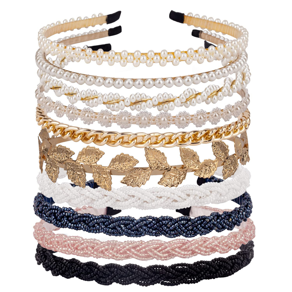 LYroo front view of 10-pack pearl and beaded headbands showing variety and value