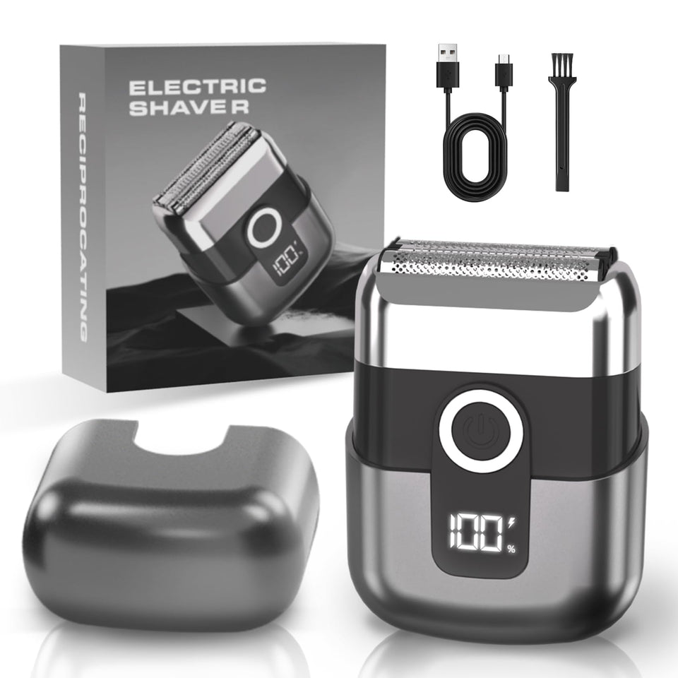 LYRSLF front view of compact foil shaver showing sleek body and power button, easy grip benefit
