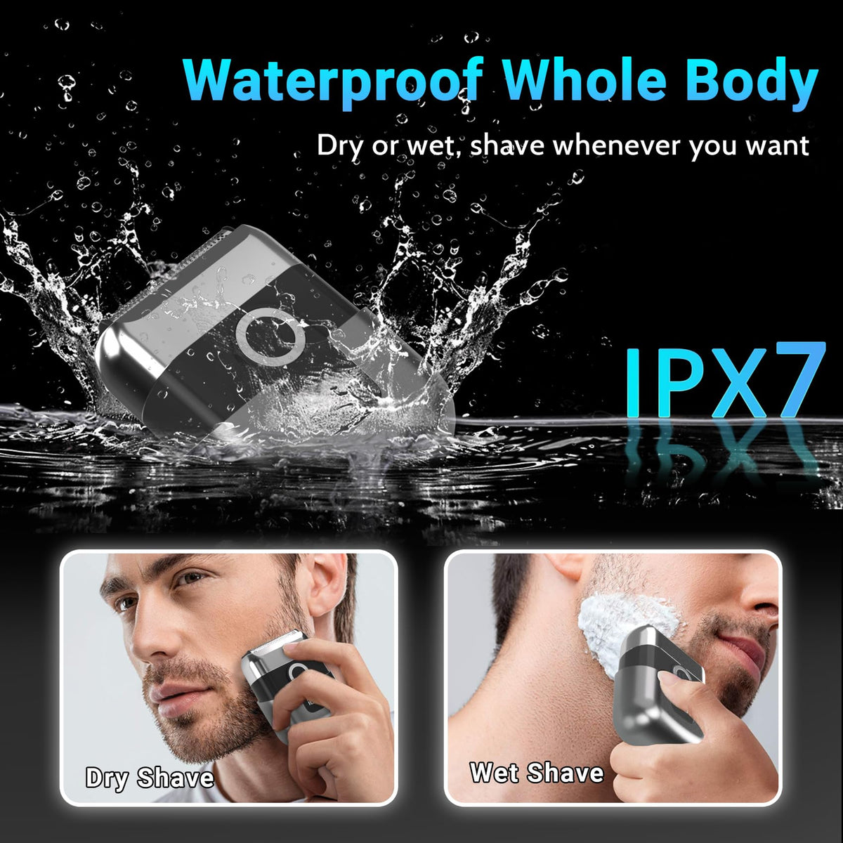 LYRSLF shaver used in shower illustrating IPX7 waterproof reliability and wet shave comfort