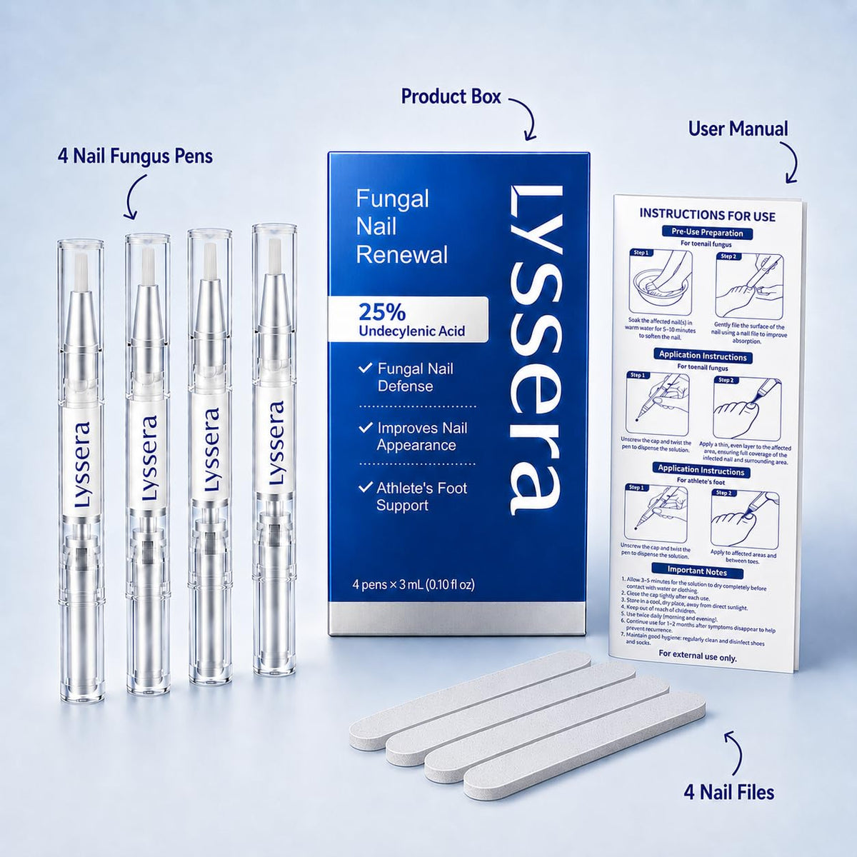 Lyssera pens arranged in a foot-care setting with towel and pumice, promotes routine care