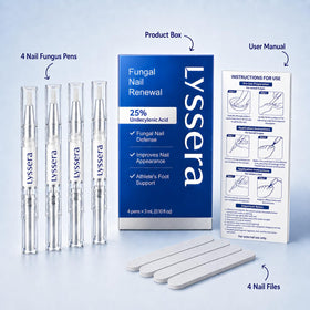 Lyssera pens arranged in a foot-care setting with towel and pumice, promotes routine care
