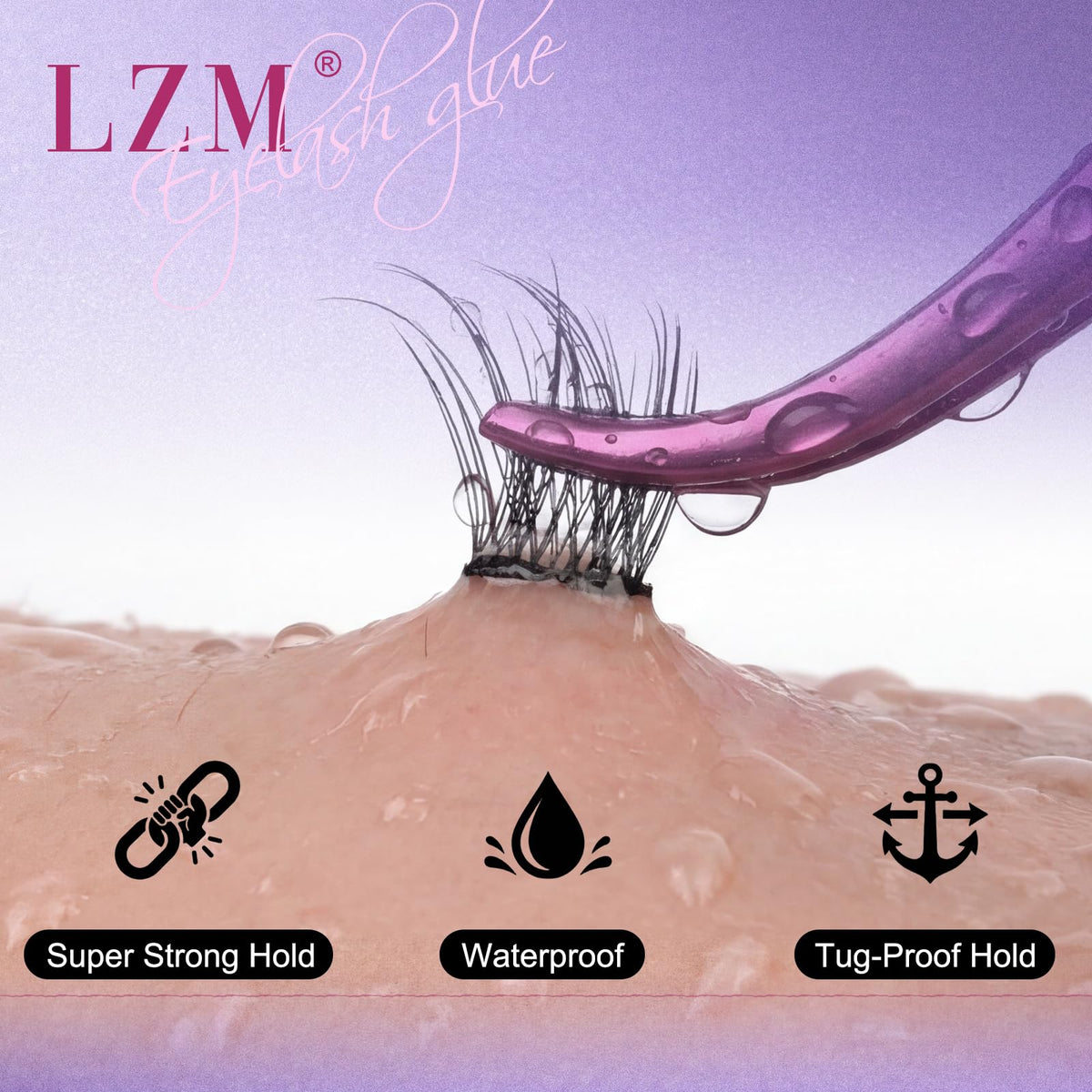 LZM black bond applied to cluster lashes illustrating visible adhesion for accurate placement and faster styling