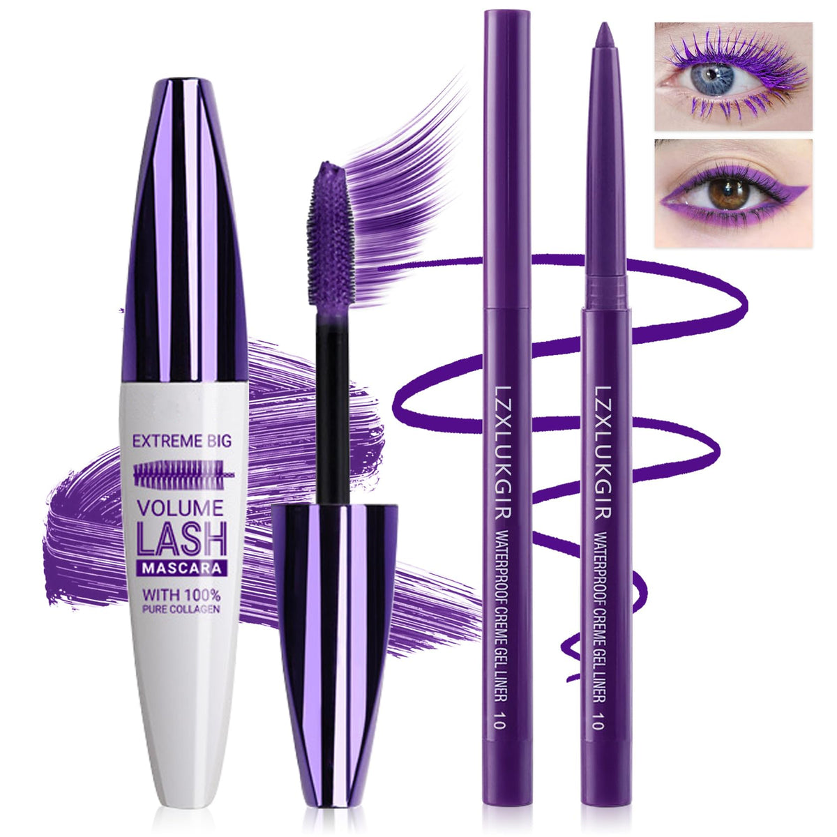 LZXLUKGIR front packaging of purple mascara and eyeliner set shows cohesive color