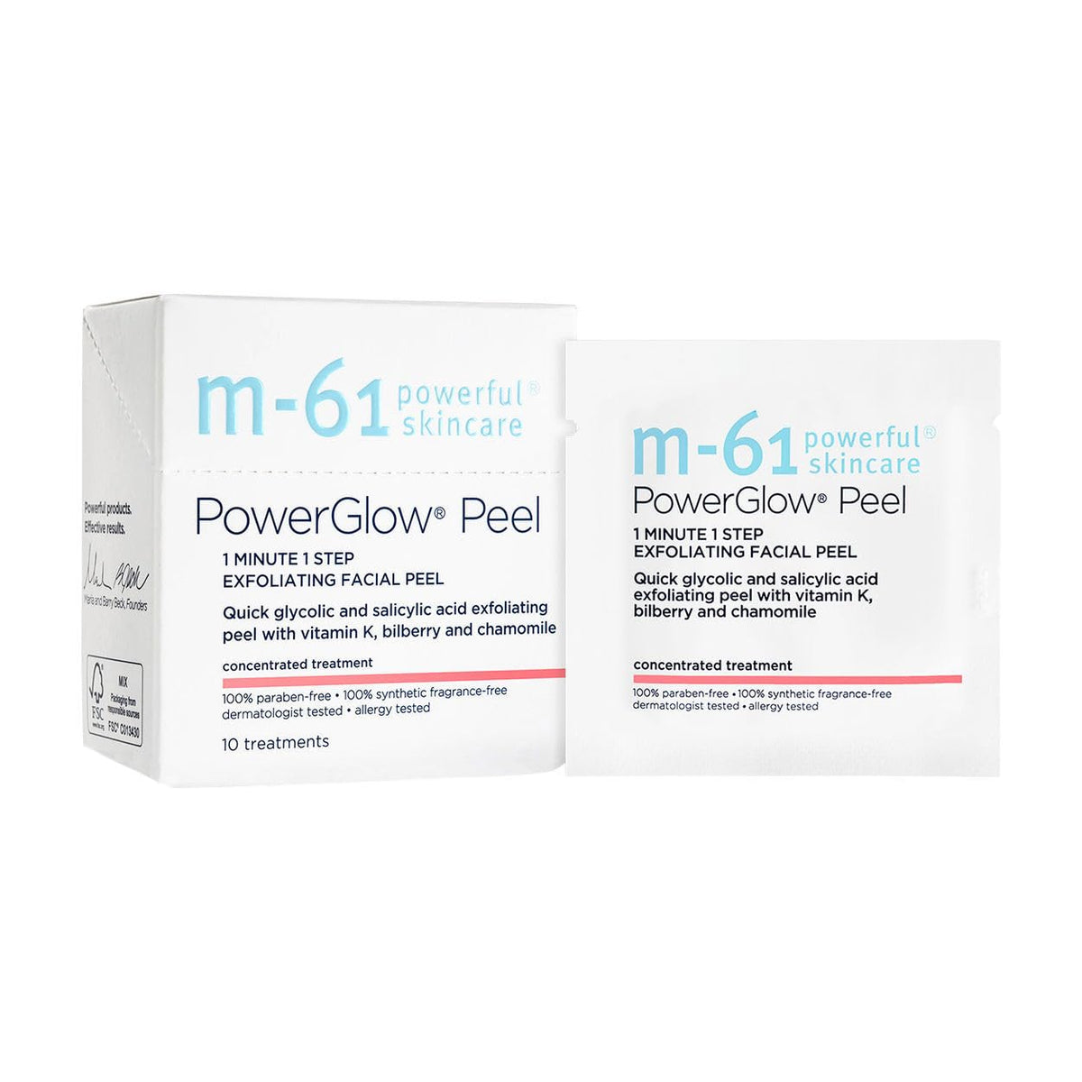 m-61 front packaging showing peel box and ten treatments benefits