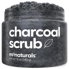 M3 Naturals jar front view showing charcoal salt scrub and packaging benefit