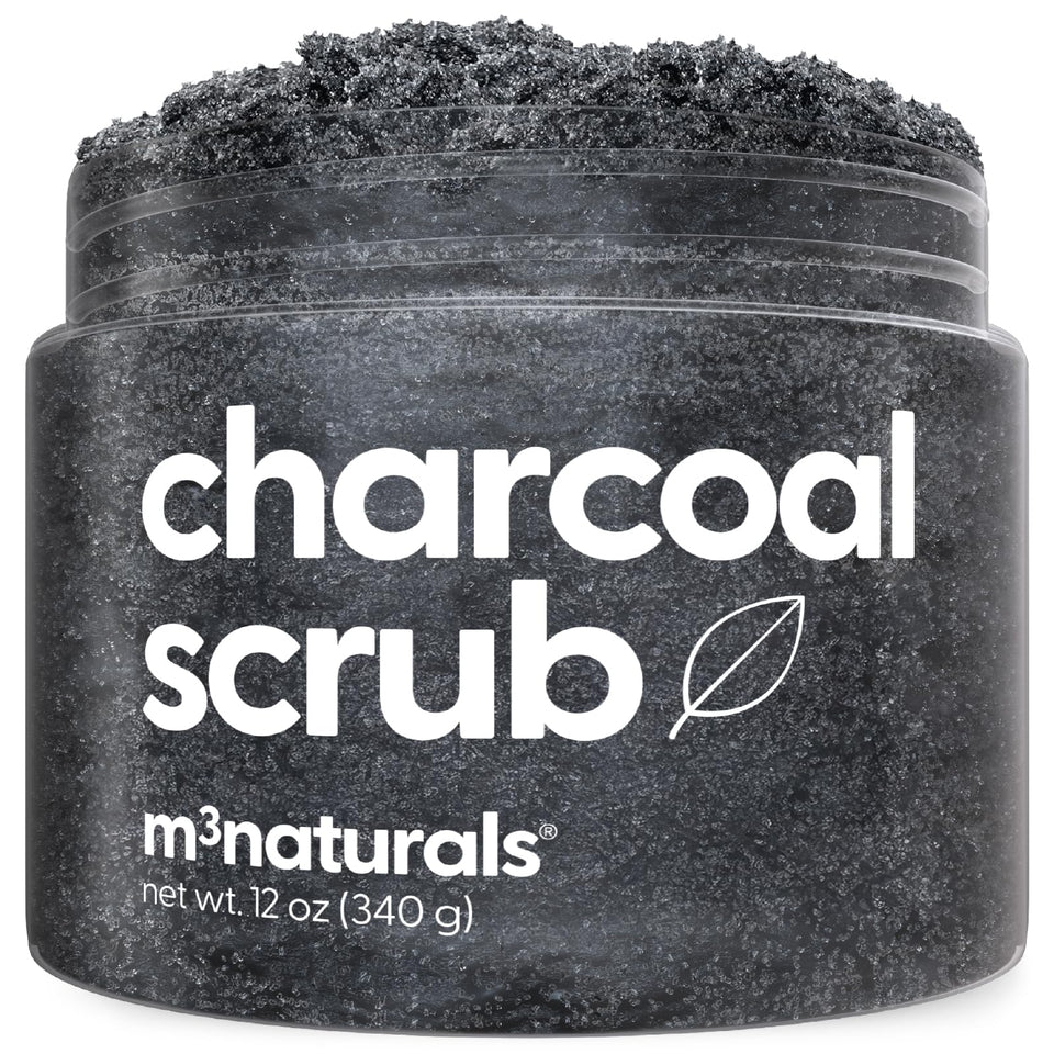 M3 Naturals jar front view showing charcoal salt scrub and packaging benefit