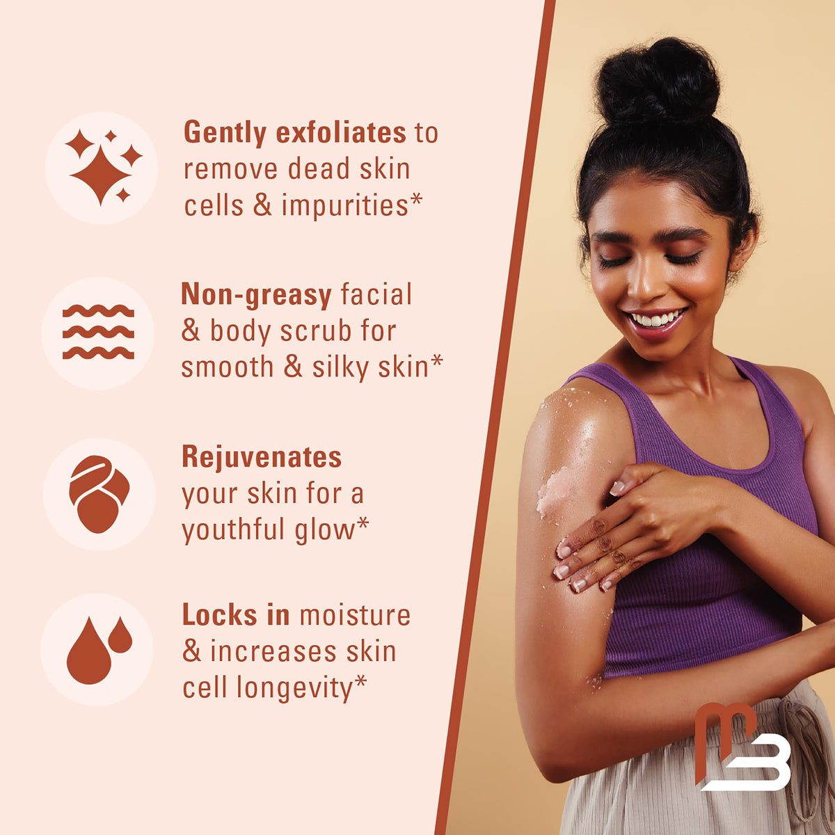 Open jar of M3 Naturals scrub with visible rosy salt and oil, ready-to-use hydration