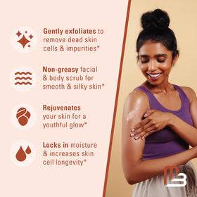 Open jar of M3 Naturals scrub with visible rosy salt and oil, ready-to-use hydration
