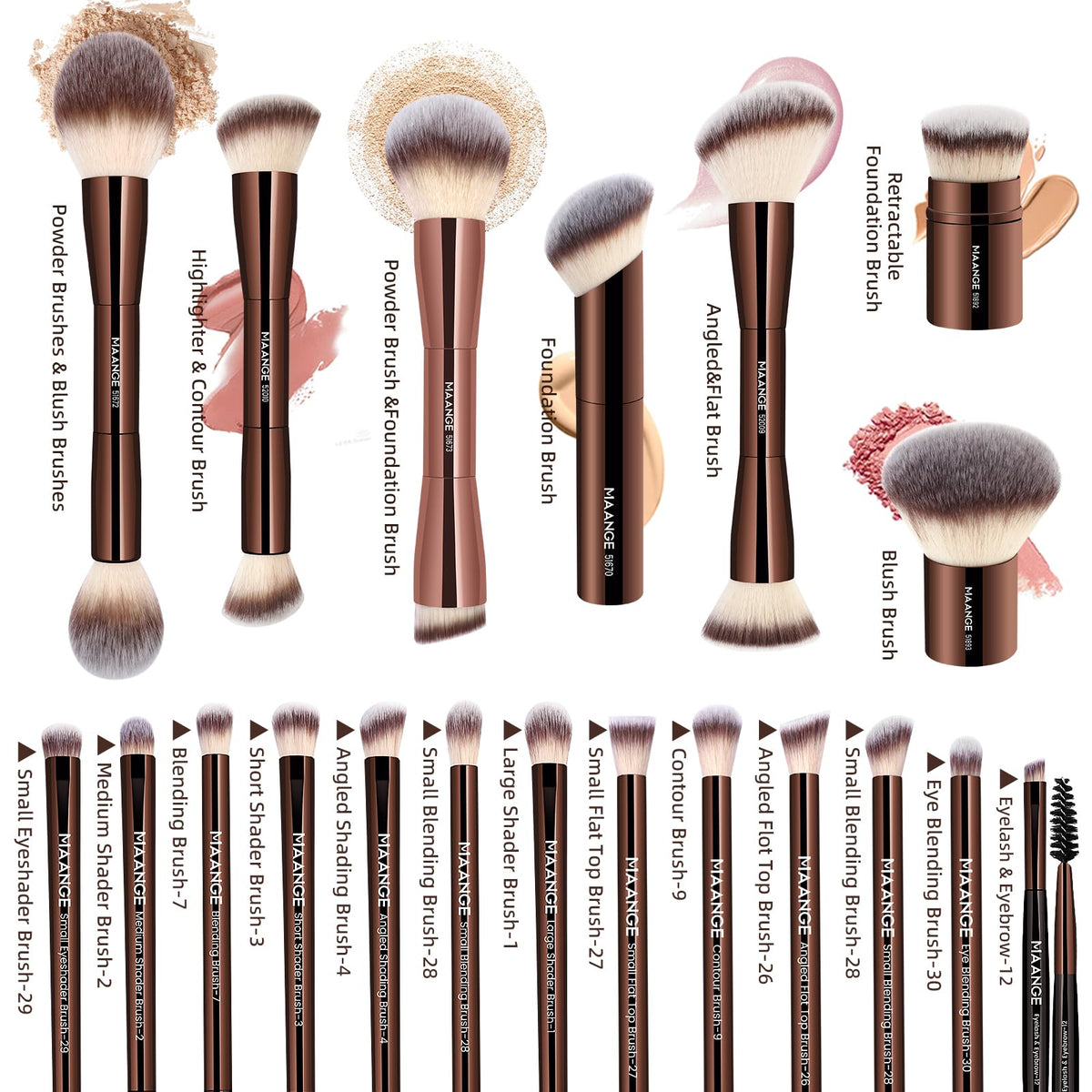 MAANGE full 20-piece brush set laid out to showcase double-ended and single brushes