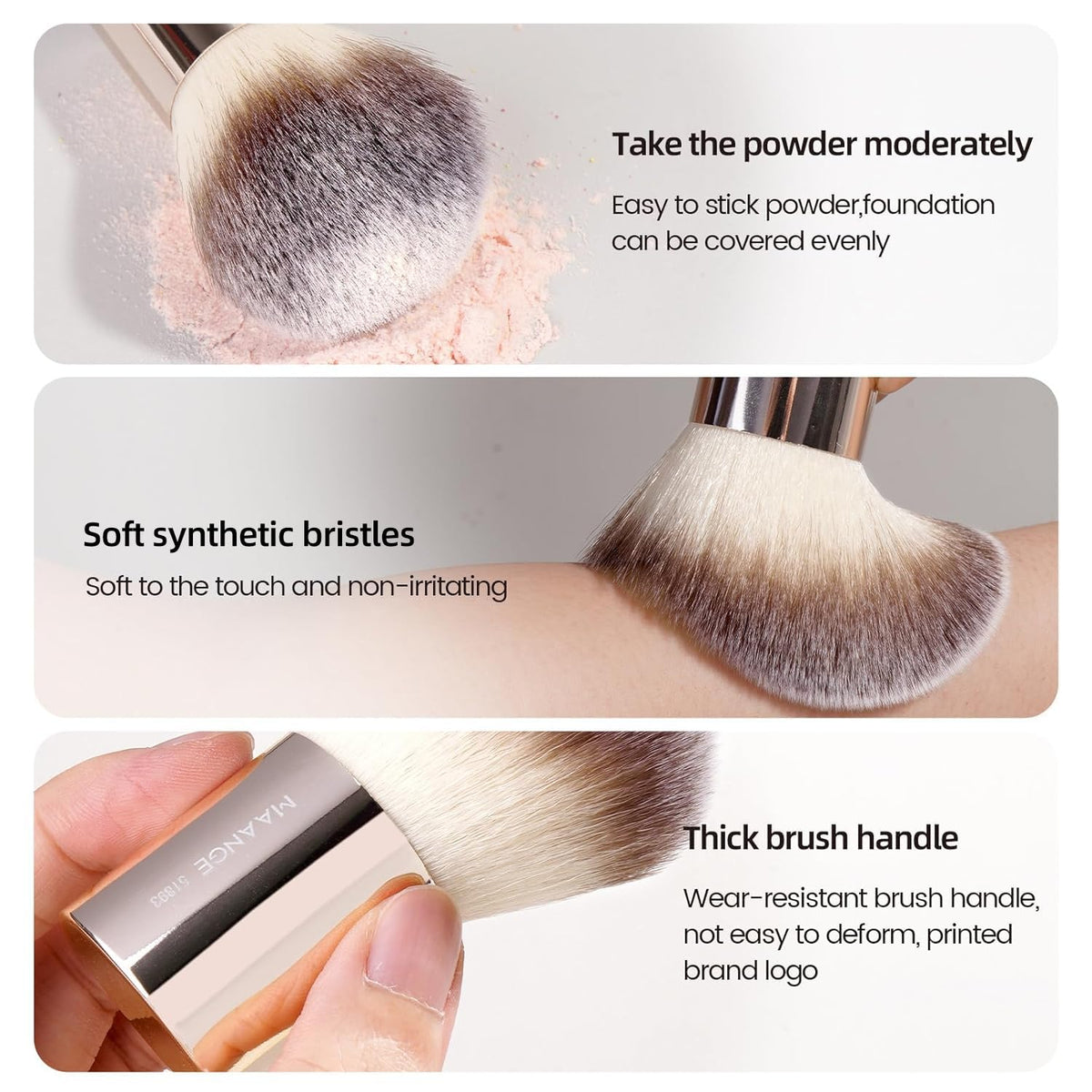 MAANGE foundation brush head detail demonstrating even liquid product distribution