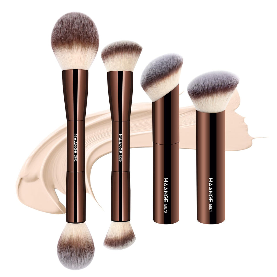 MAANGE front view of coffee-toned brush set showing compact travel-ready design