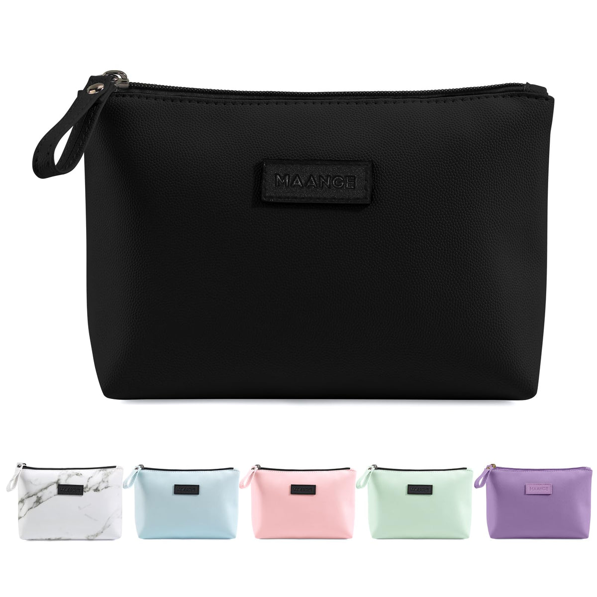 MAANGE front view of black makeup bag showing compact shape and polished surface