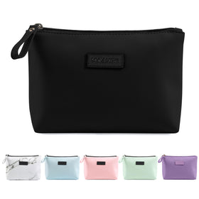 MAANGE front view of black makeup bag showing compact shape and polished surface