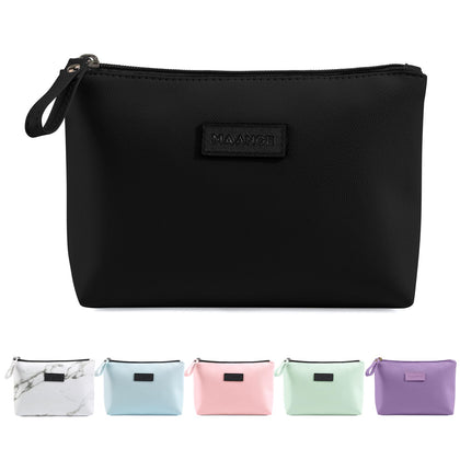 MAANGE front view of black makeup bag showing compact shape and polished surface