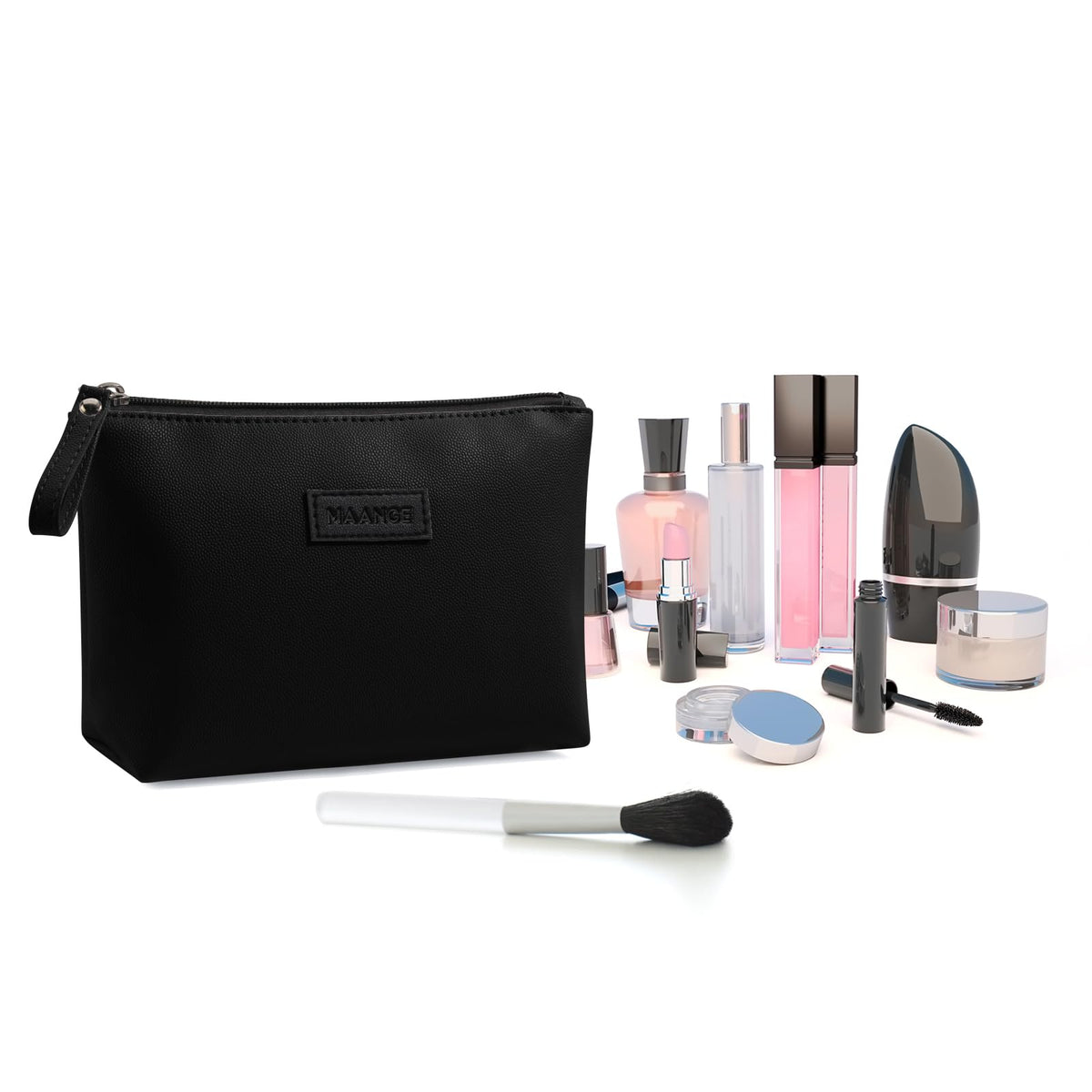 MAANGE makeup items arranged around pouch showing versatile storage capacity
